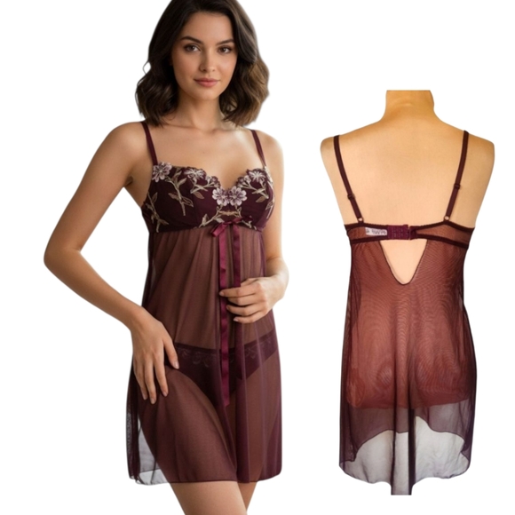 NEFER Burgundy Embroidered Mesh Babydoll - Size M - Picture 1 of 12